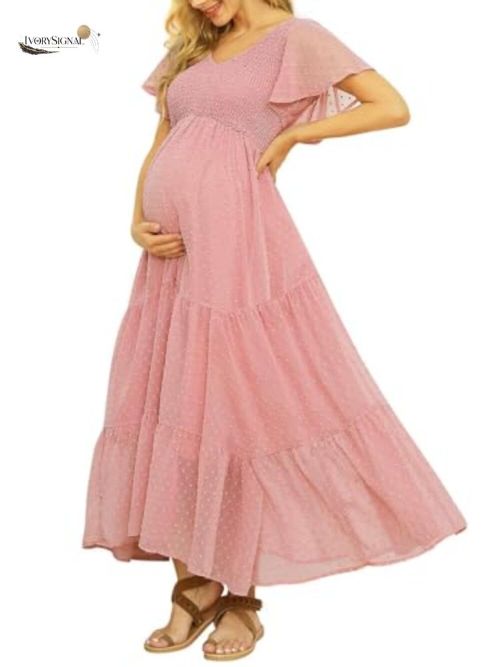 Swiss Dot Smocked Maternity Maxi Dress Flutter Sleeve Photoshoot Baby Shower